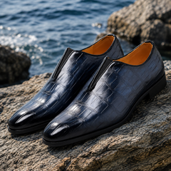 Mocassins homme bleu marine effet croco, ouverture élastiquée sur les côtés
