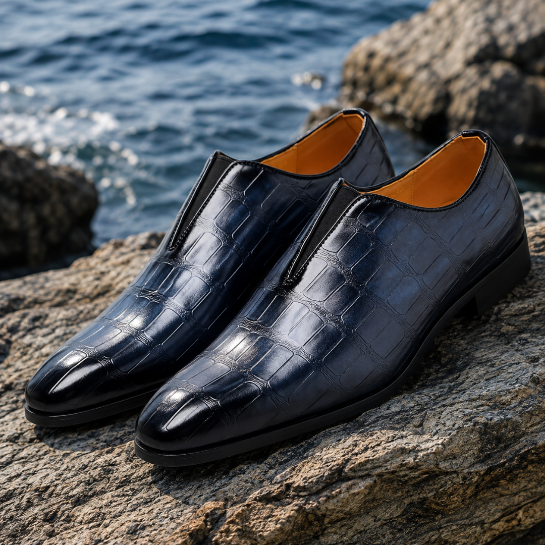 Mocassins homme bleu marine effet croco, ouverture élastiquée sur les côtés