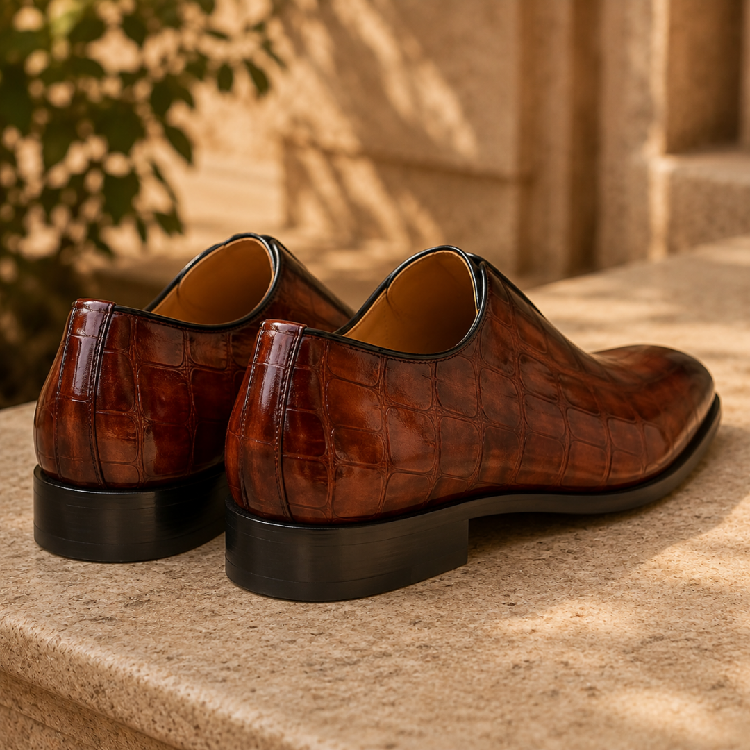Mocassins homme marron vus de dos, talon bas et semelle noire