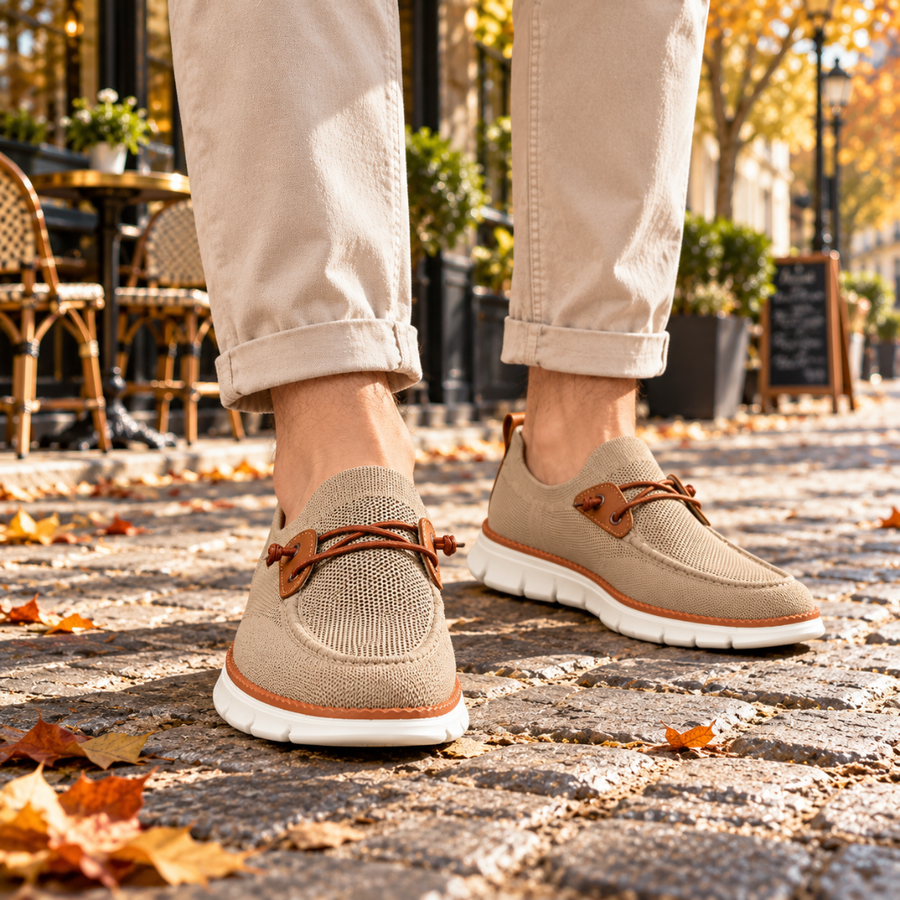 Mocassins homme beiges en maille avec lacet décoratif marron, portés sur pavés