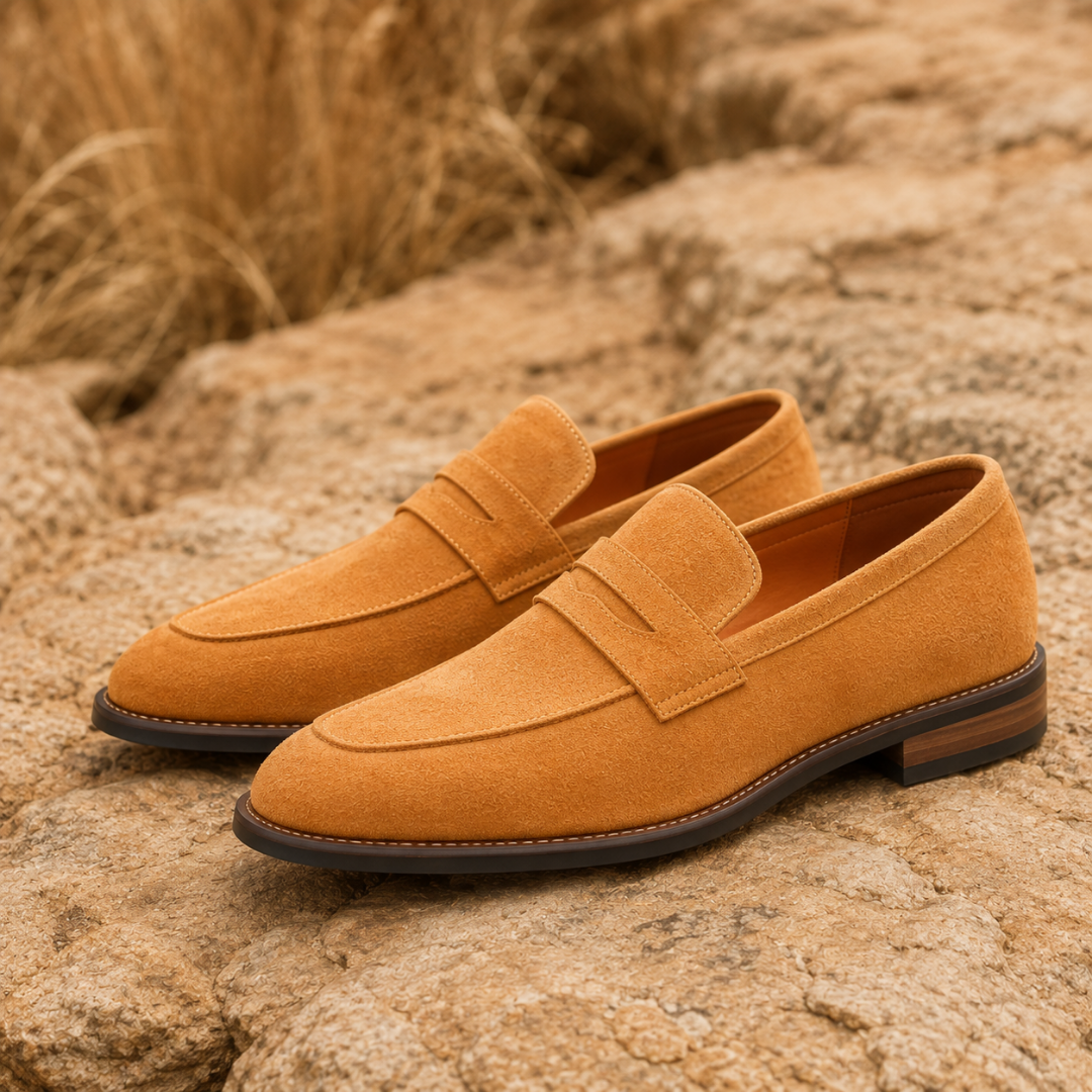 Paire de mocassins homme camel à bride penny posée sur un rocher