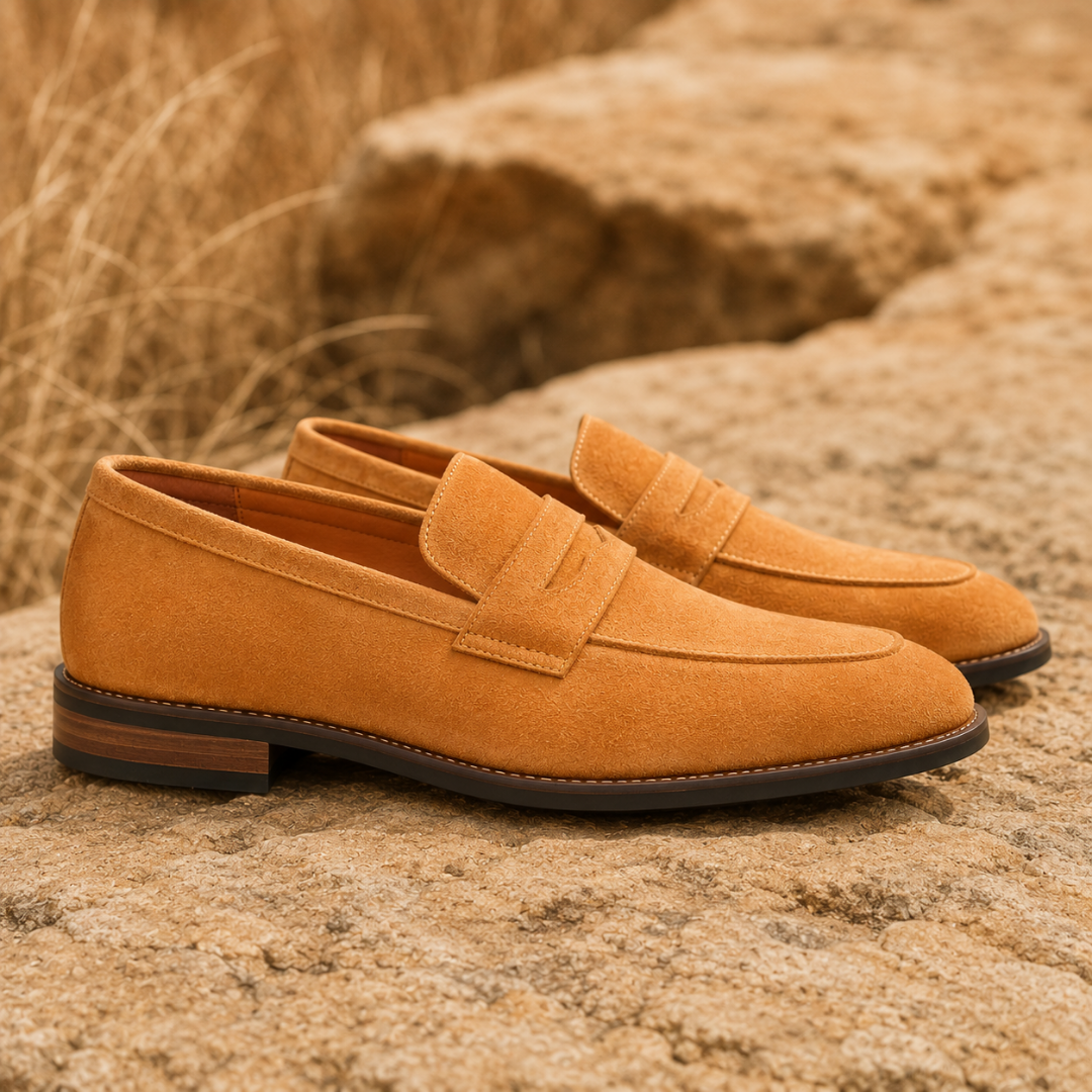 Mocassins homme camel vus de profil avec surpiqûres claires et talon bas