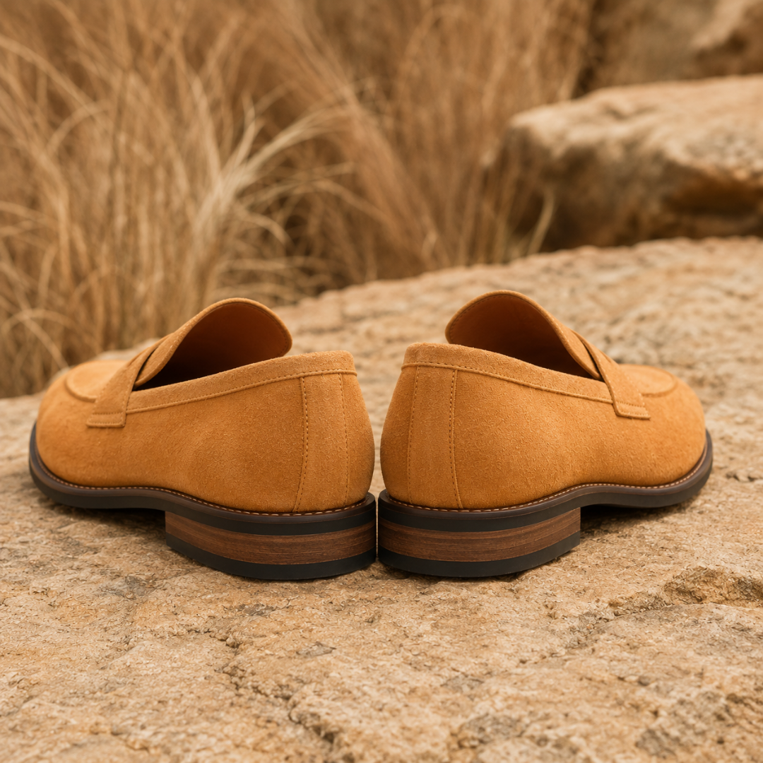 Vue arrière des mocassins homme camel montrant le talon bas et la semelle