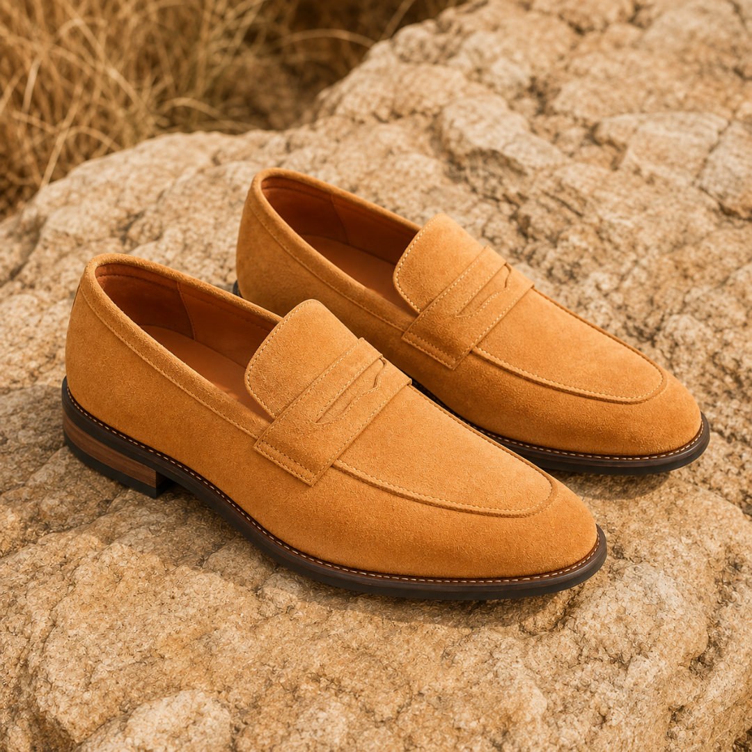 Mocassins homme camel de trois quarts avec bout rond et bride penny