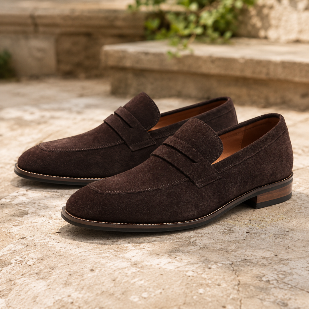 Mocassins homme marron à bride penny et bout rond sur sol clair