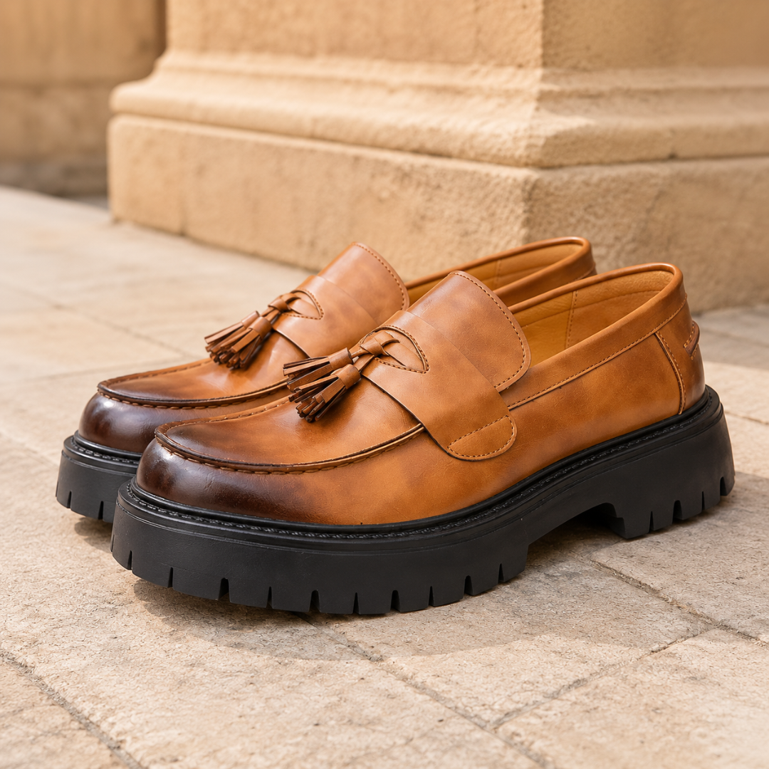 Mocassins homme cognac à pompons, semelle crantée noire, décor de pierre