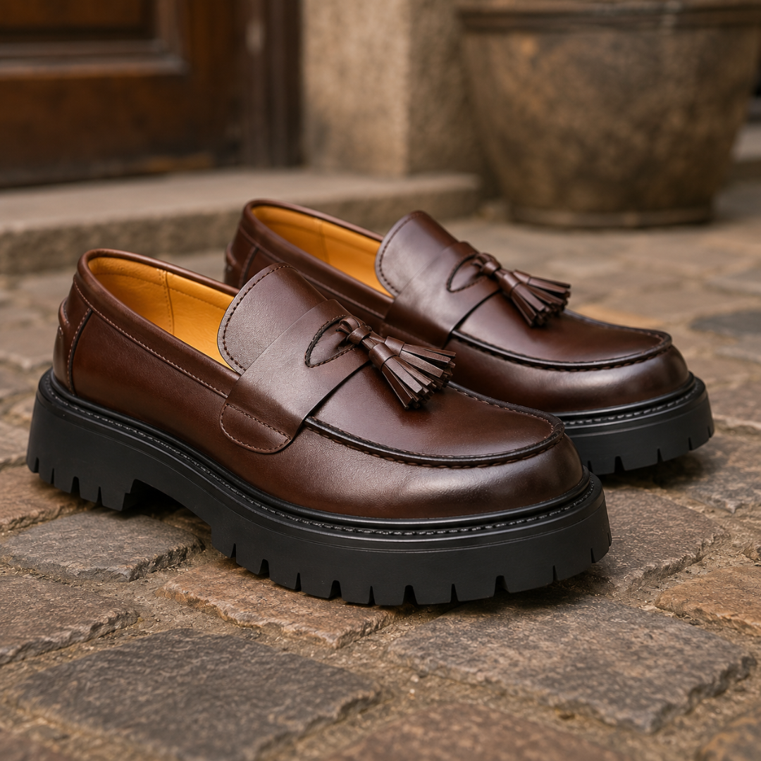 Mocassins homme marron foncé sur pavés, pompons et semelle crantée haute