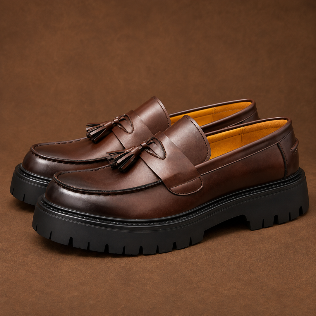 Paire de mocassins marron foncé de profil, plateforme noire à crampons marqués