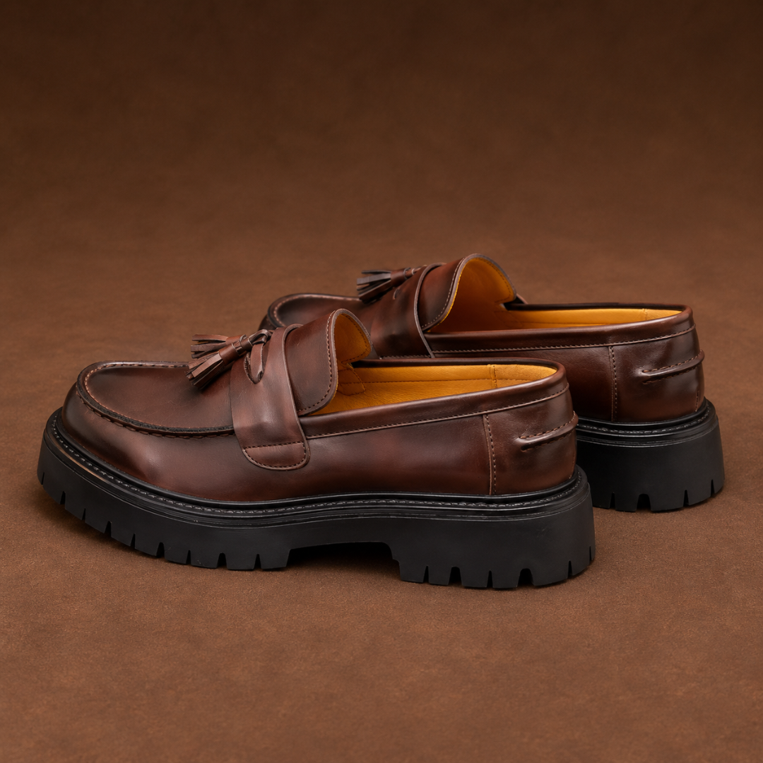 Mocassins marron foncé vus de dos, talon plat et intérieur jaune apparent