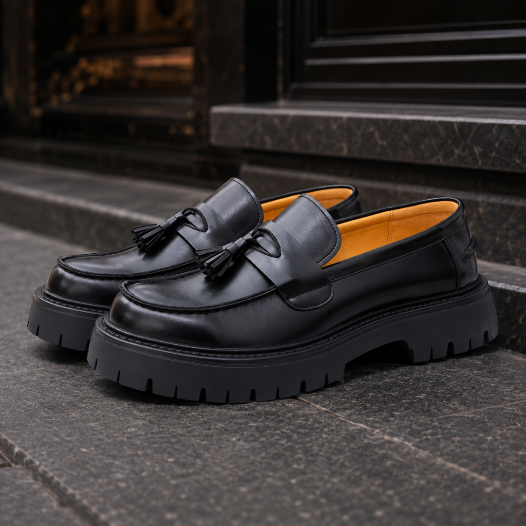 Mocassins homme noirs sur marches en pierre, pompons et semelle crantée épaisse
