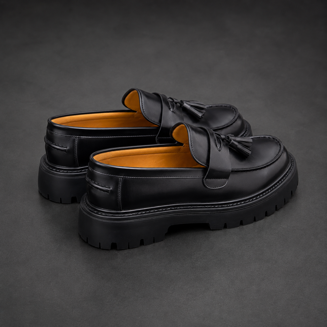 Mocassins noirs vus de l'arrière, semelle à crampons et intérieur jaune moutarde