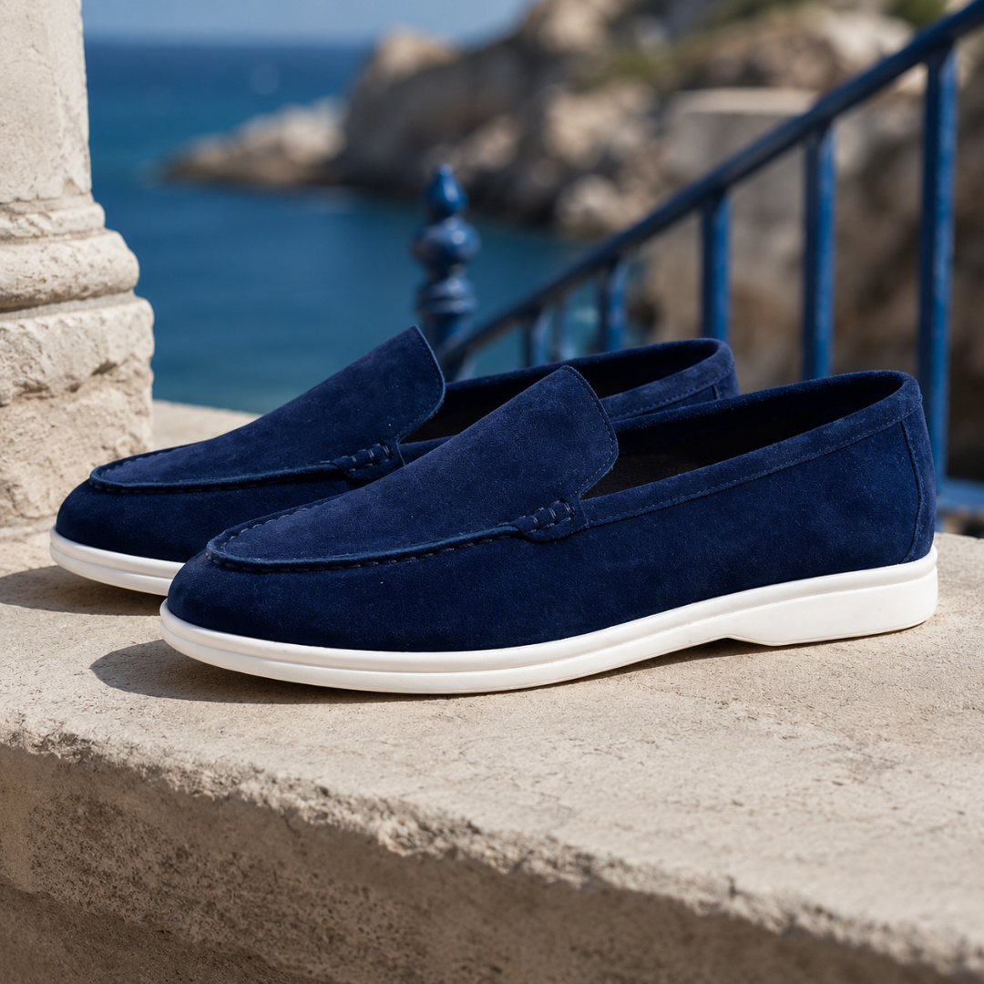 Mocassins homme bleu marine, col bas et semelle blanche, terrasse en pierre