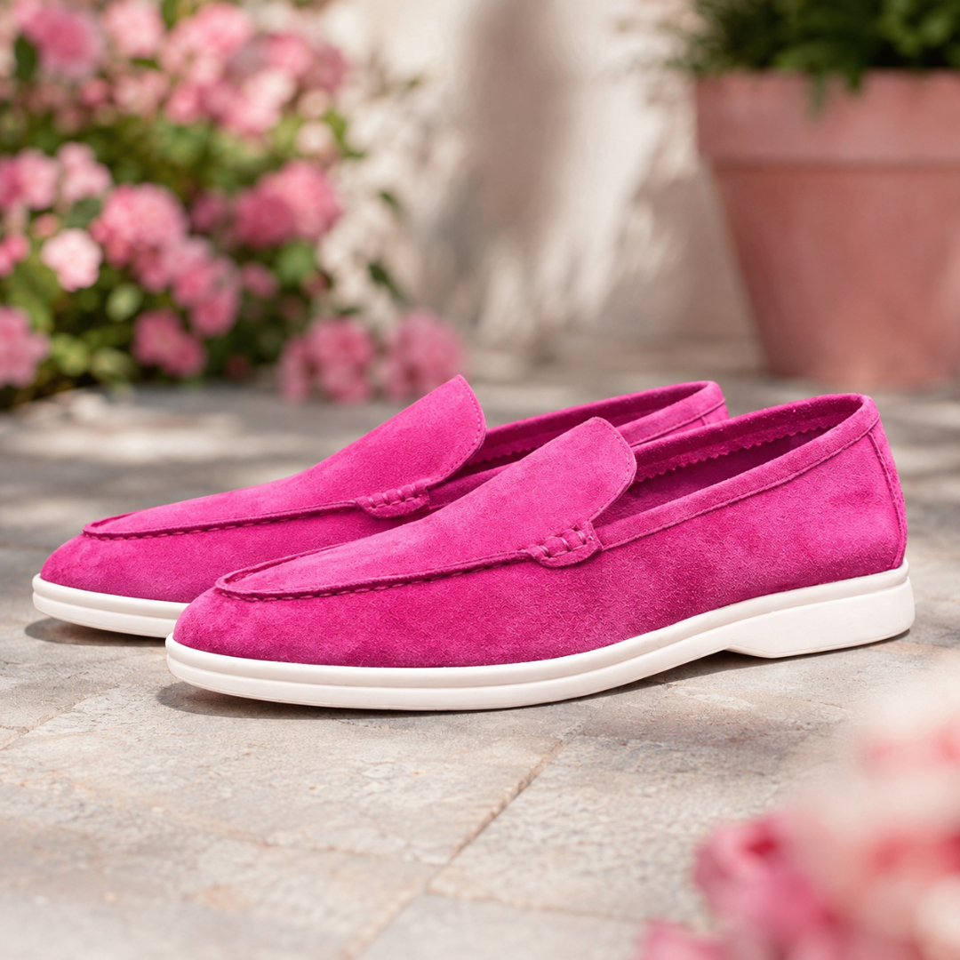 Mocassins homme rose vif, surpiqûre avant apparente et semelle blanche, jardin fleuri