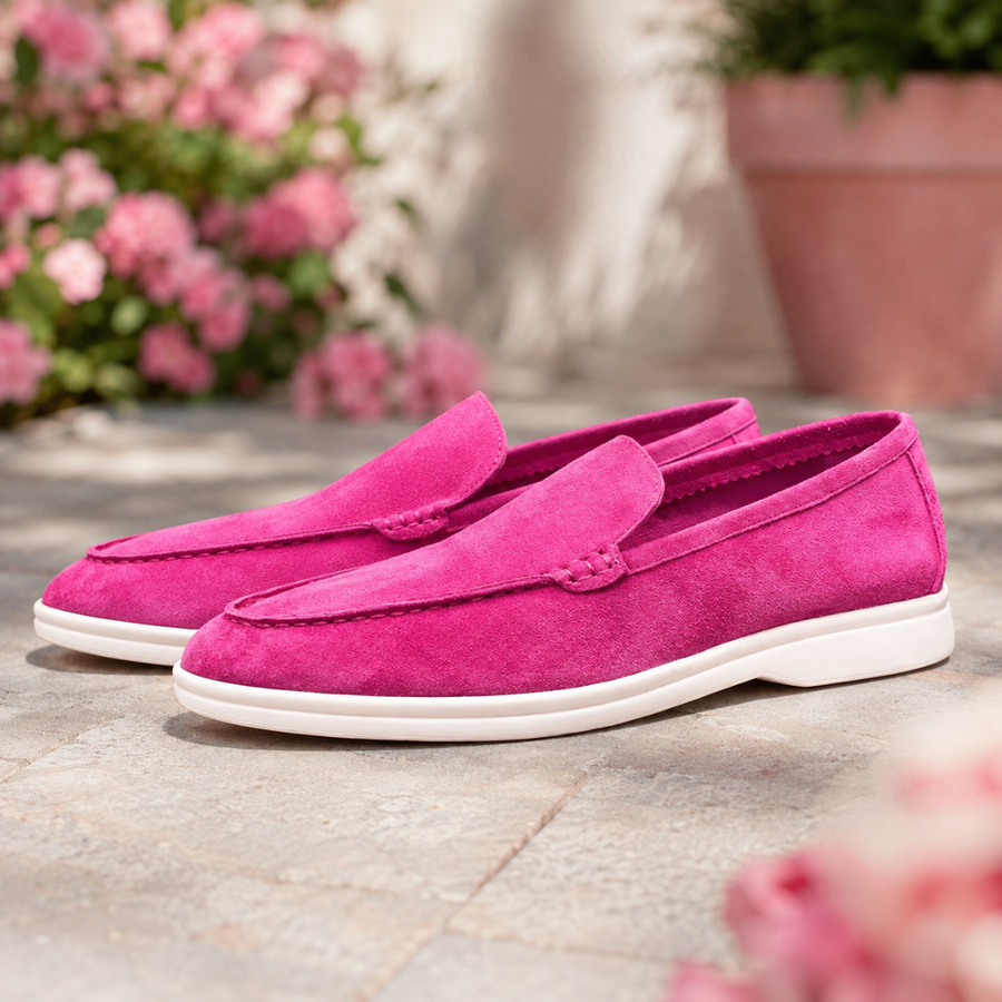 Mocassins homme rose vif, surpiqûre avant apparente et semelle blanche, jardin fleuri
