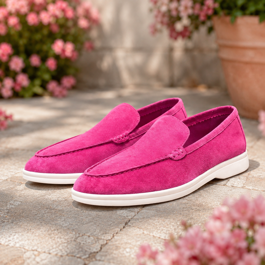Mocassins homme rose, bout rond effilé et petit nœud décoratif sur l'avant