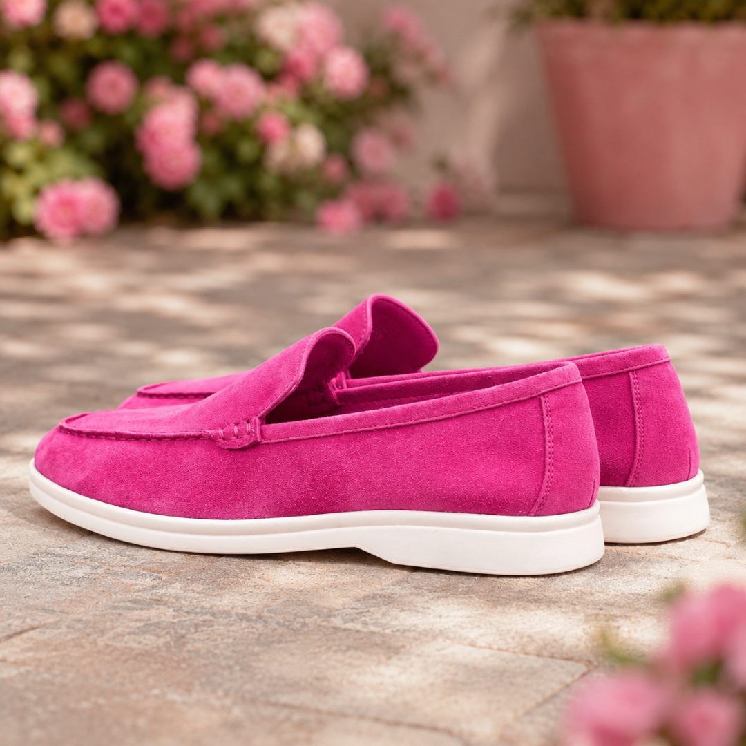 Mocassins homme rose vus de dos, talon plat et semelle blanche contrastante