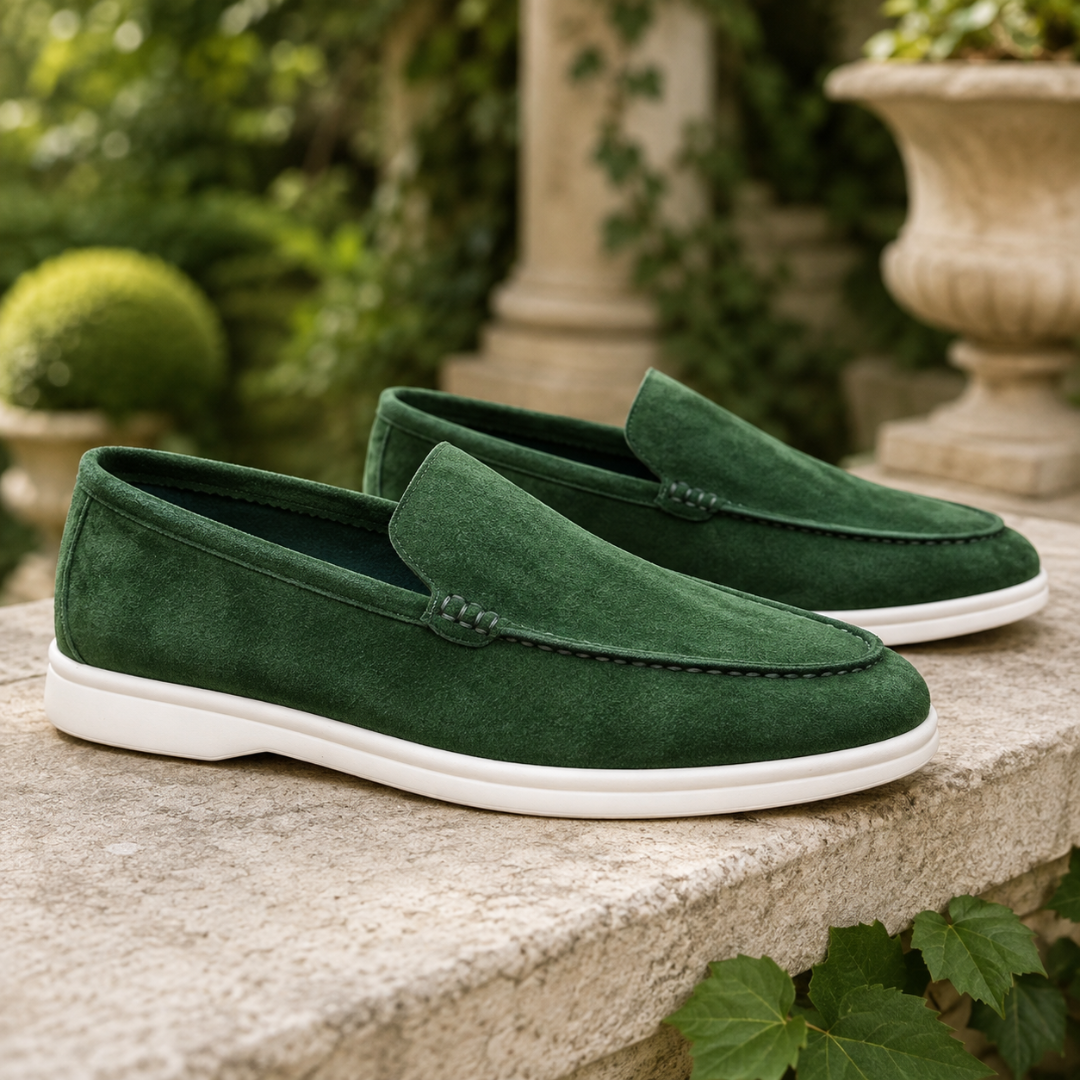 Mocassins homme vert foncé, nœud plat décoratif et semelle blanche, jardin classique