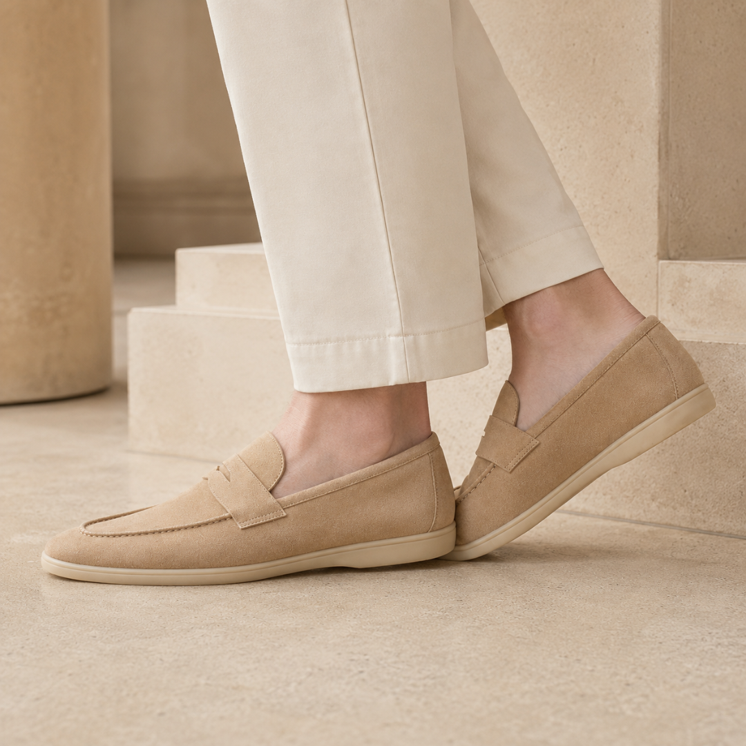 Mocassins homme beiges devant un escalier, chaussant bas et semelle souple ton sur ton