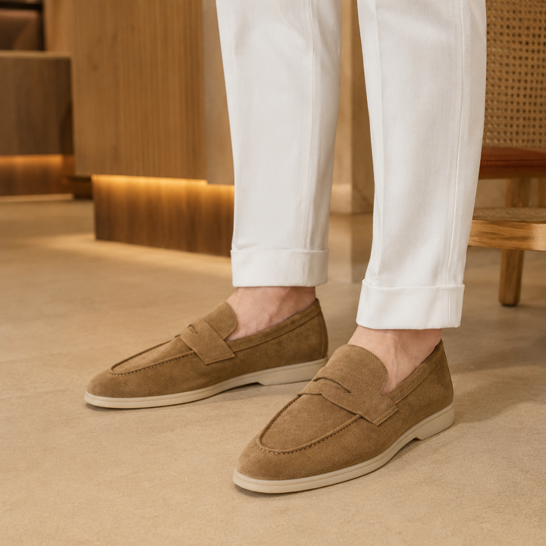 Mocassins homme marron portés avec un pantalon blanc à revers, allure décontractée et chic