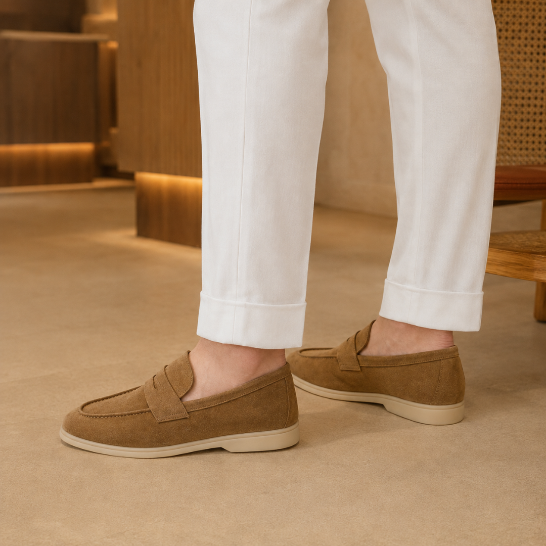 Mocassins homme marron debout, talon bas et col arrière souple bien visibles