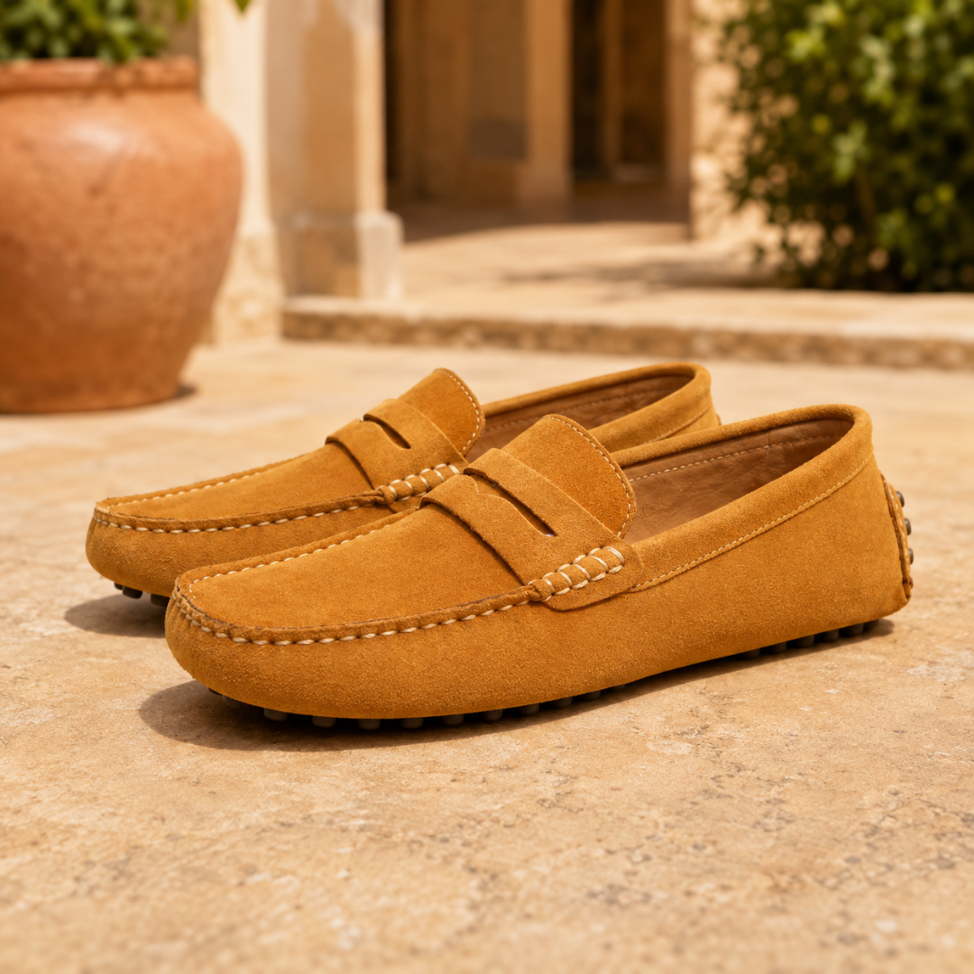 Mocassins homme camel avec barrette centrale et surpiqûres claires, vue trois quarts