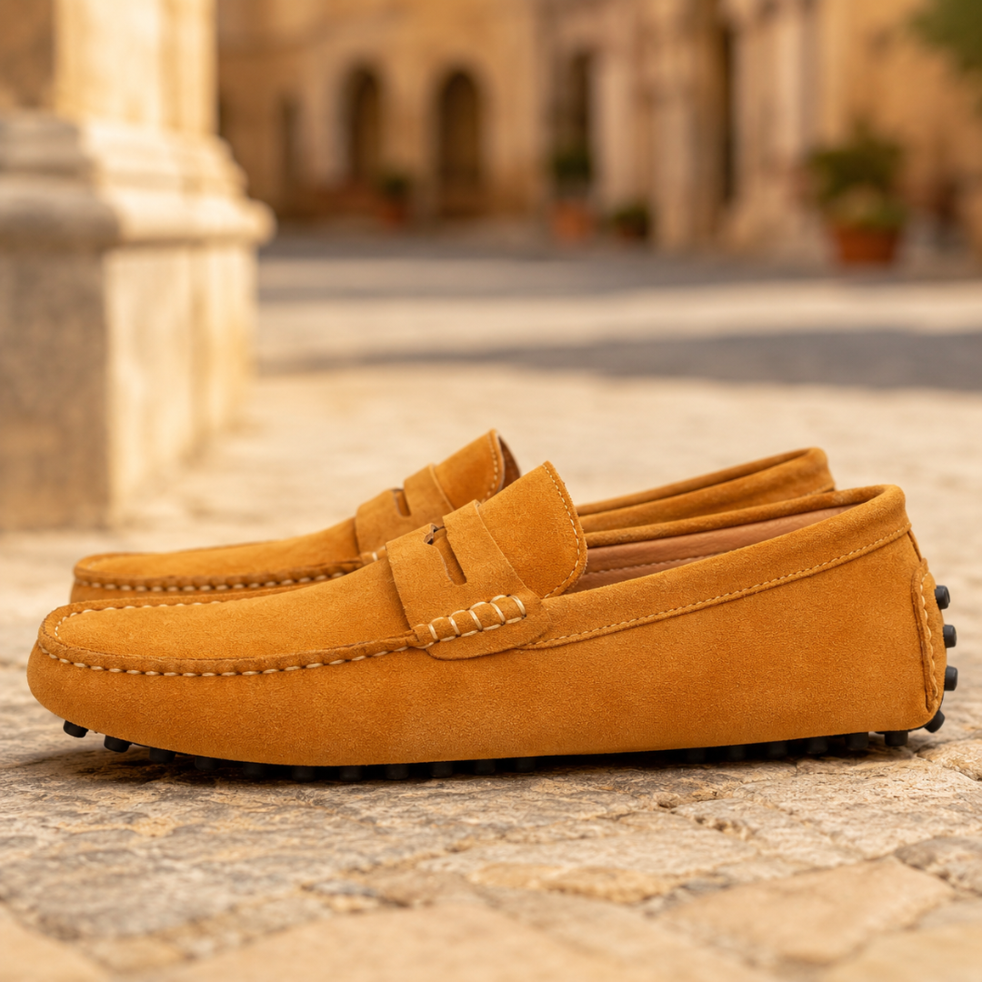 Profil du mocassin homme camel montrant la semelle à picots et le talon souple