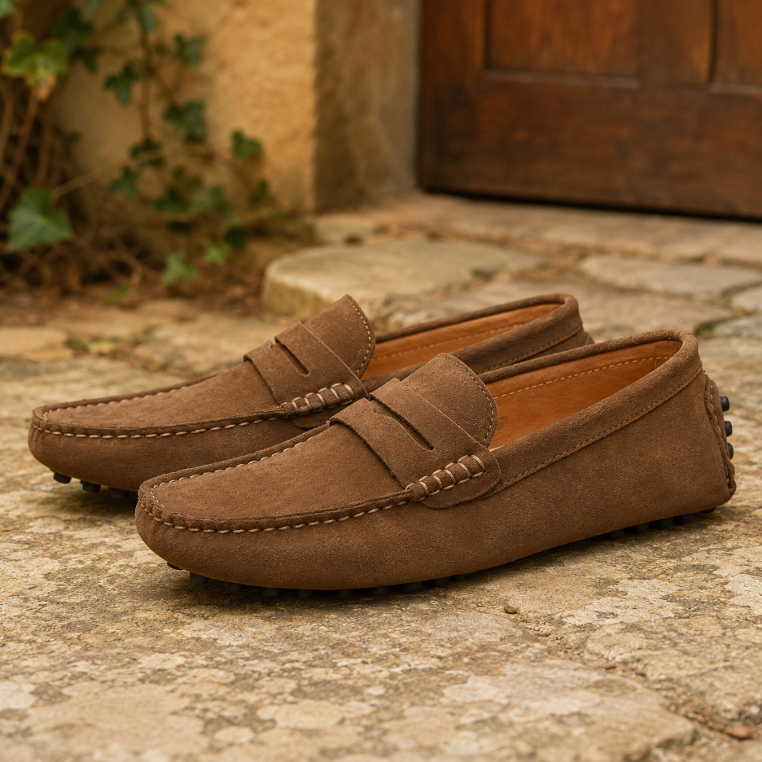 Mocassins homme marron à enfiler, surpiqûres claires apparentes, devant une porte ancienne