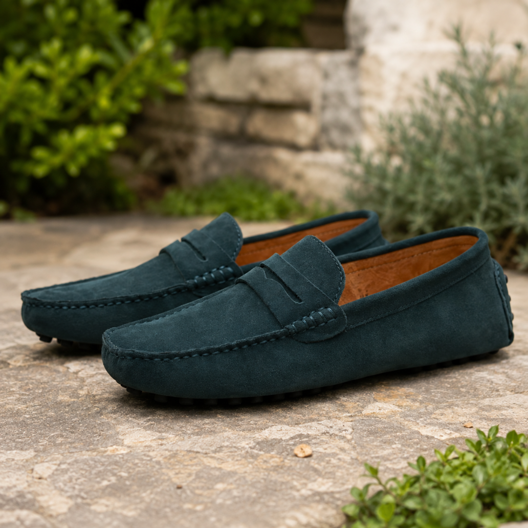 Mocassins homme vert foncé à barrette centrale, bout arrondi, posés sur dalle de pierre