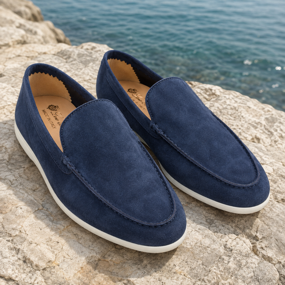 Mocassins homme bleus au dessus uni, surpiqûres discrètes et semelle blanche