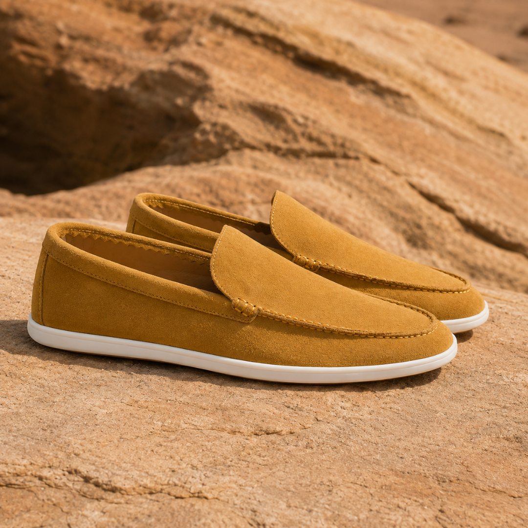 Mocassins kaki pour homme, dessus uni et bout arrondi surpiqué, vue rapprochée