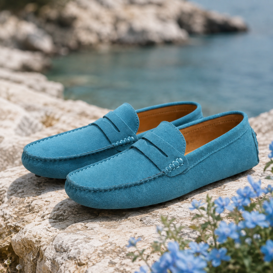 Mocassins homme bleu clair posés sur un rocher, surpiqûres apparentes et bout arrondi