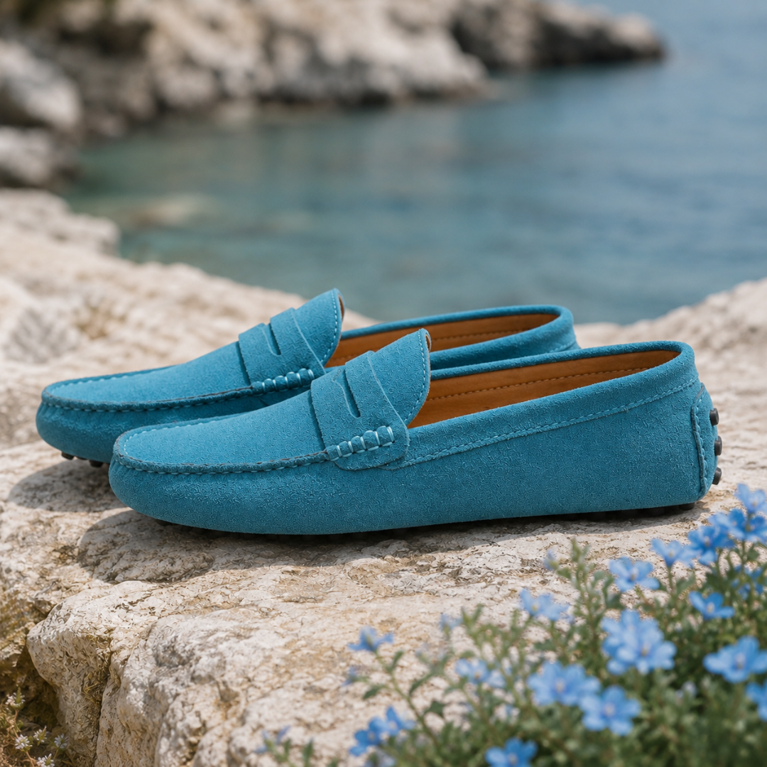 Paire de mocassins homme bleu clair vue de trois quarts devant la mer