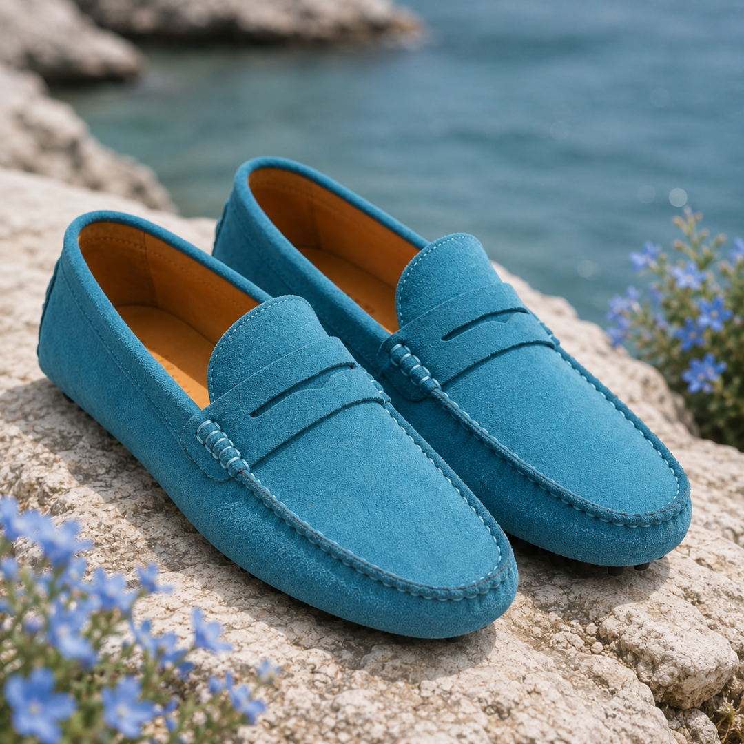 Mocassins homme bleu clair au soleil, intérieur clair et bout arrondi surpiqué