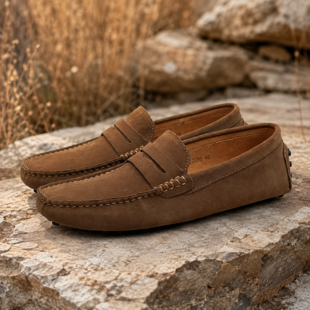 Mocassins homme marron sur une pierre sèche, surpiqûres apparentes et intérieur clair
