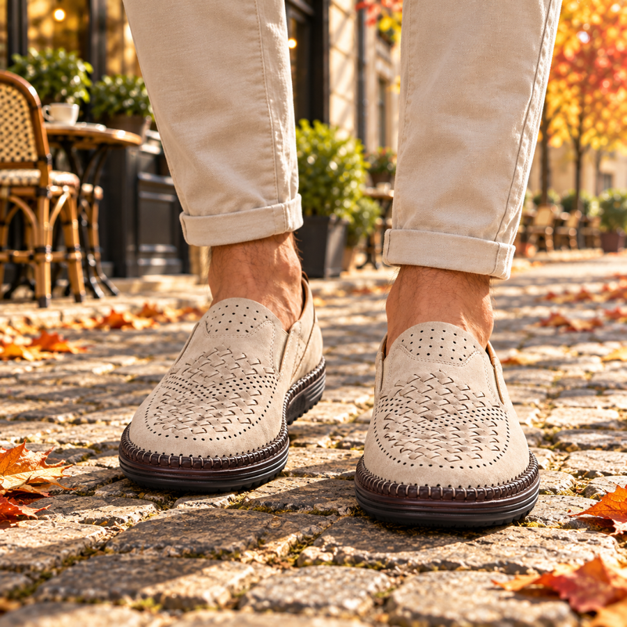 Mocassins homme blancs à dessus tressé et perforations, portés sur pavés
