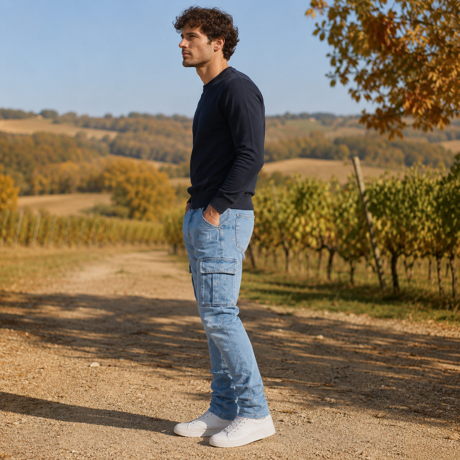 Vue de profil du pantalon cargo bleu clair montrant la poche à rabat sur la cuisse
