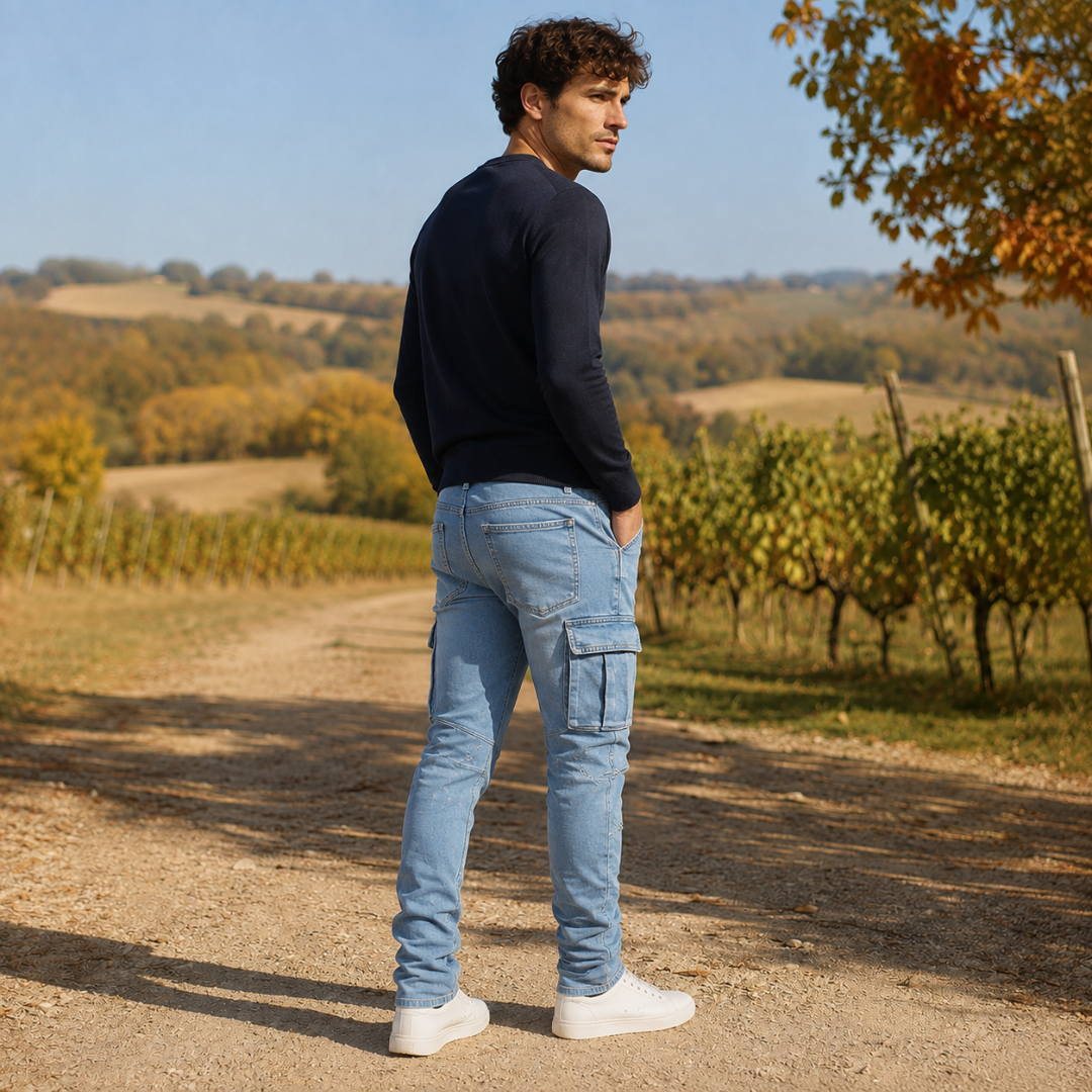 Pantalon cargo homme bleu clair de trois quarts arrière avec poche plaquée et coutures apparentes