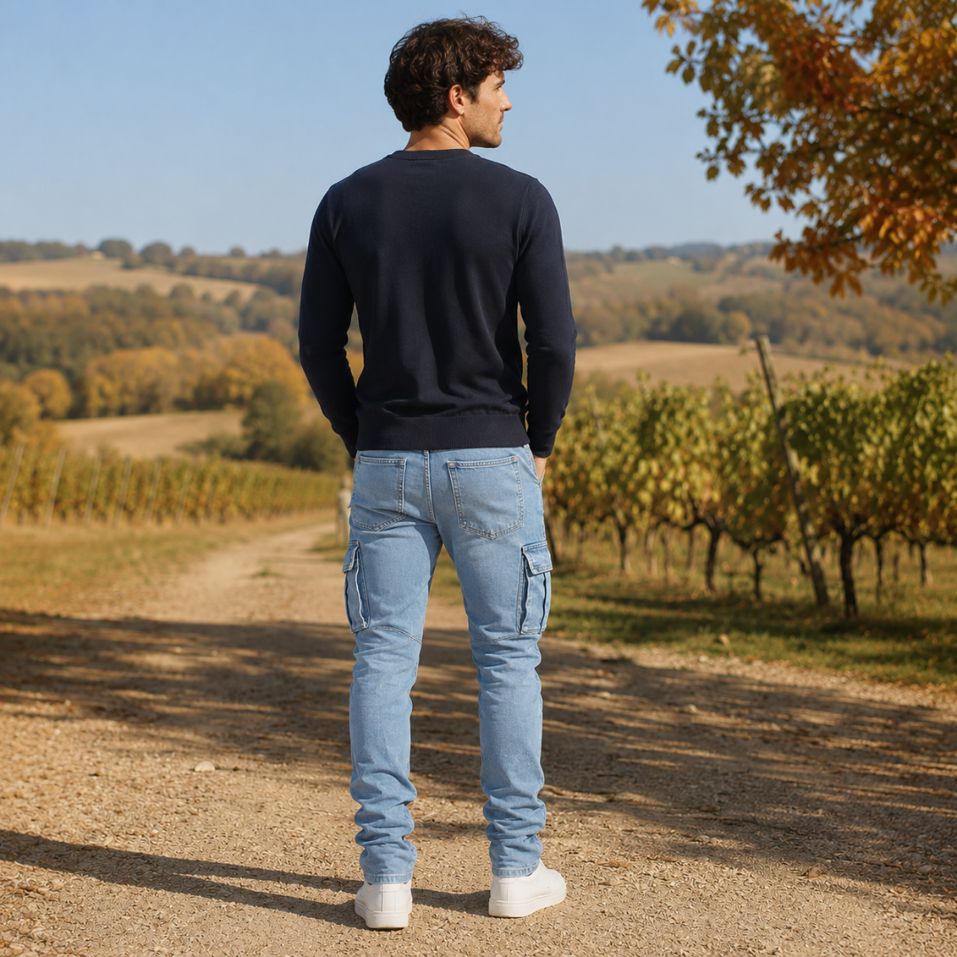 Dos du pantalon cargo bleu clair avec poches plaquées arrière et poches à rabat latérales