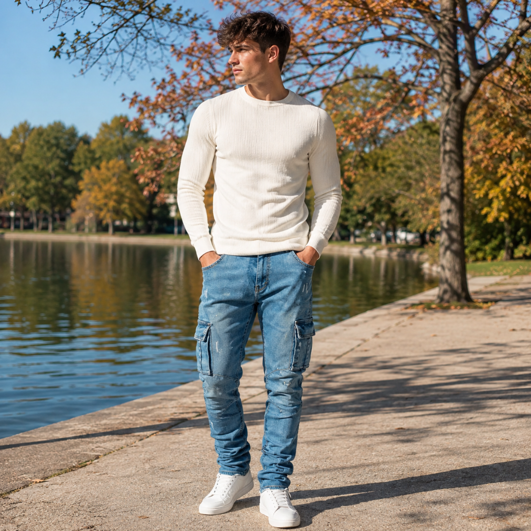 Pantalon cargo homme bleu foncé délavé porté avec un pull écru et des baskets blanches