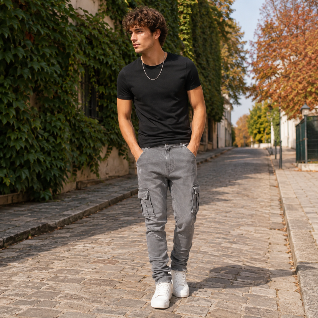 Pantalon cargo homme gris foncé avec poches à rabat, porté avec un tee-shirt noir