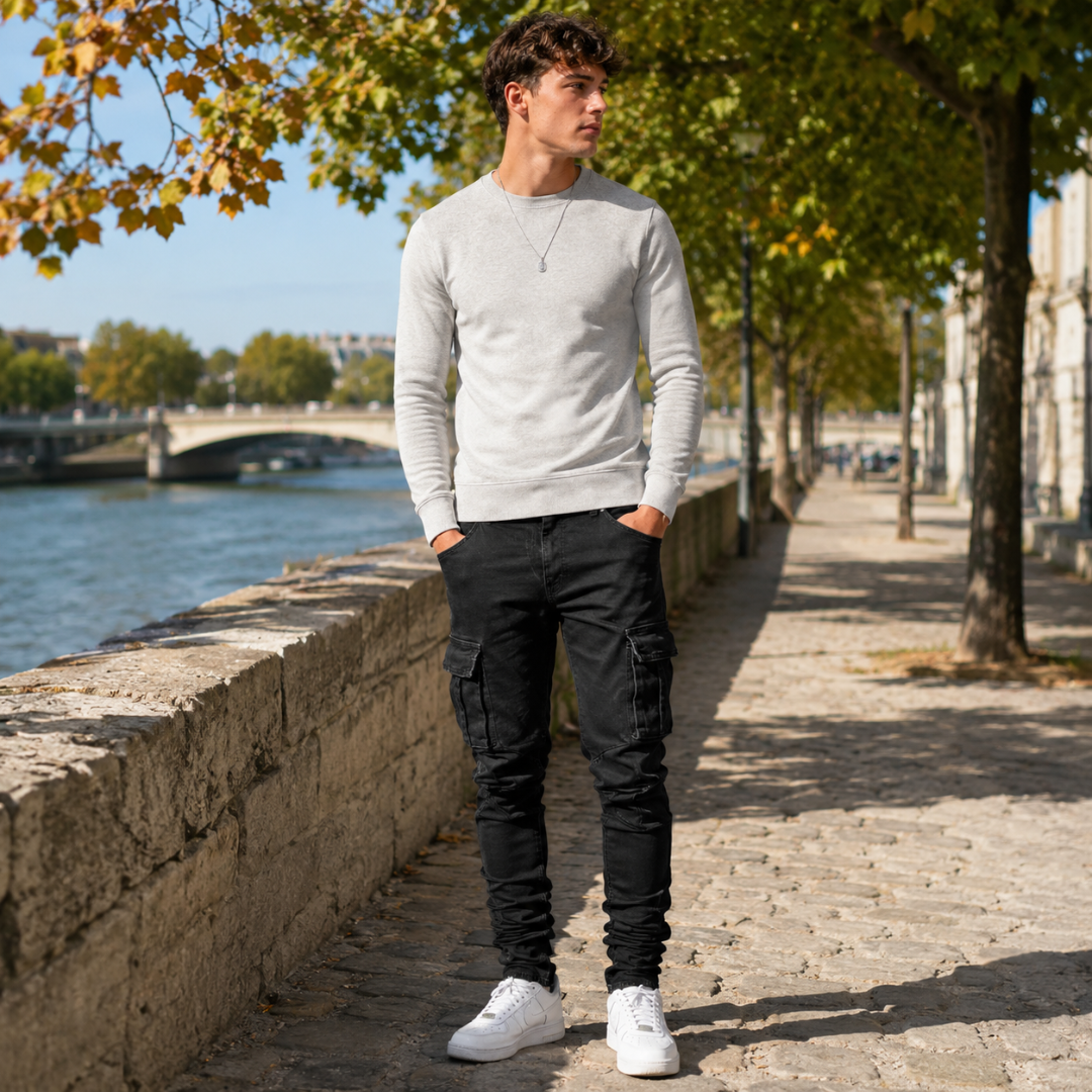 Pantalon cargo homme noir à poches latérales, porté avec un sweat gris clair en ville