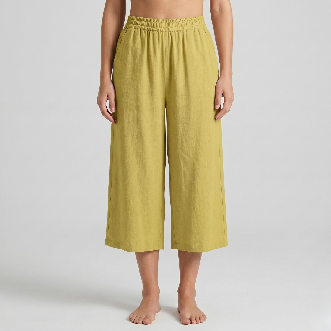 Pantalon culotte 3/4 jaune femme taille élastique casual