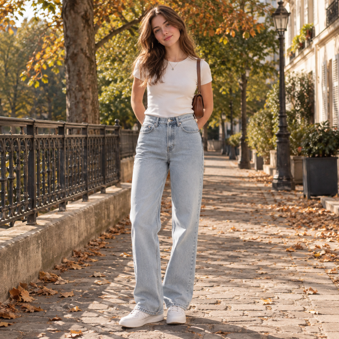 Pantalon femme bleu clair à taille haute et jambe large porté avec t-shirt blanc