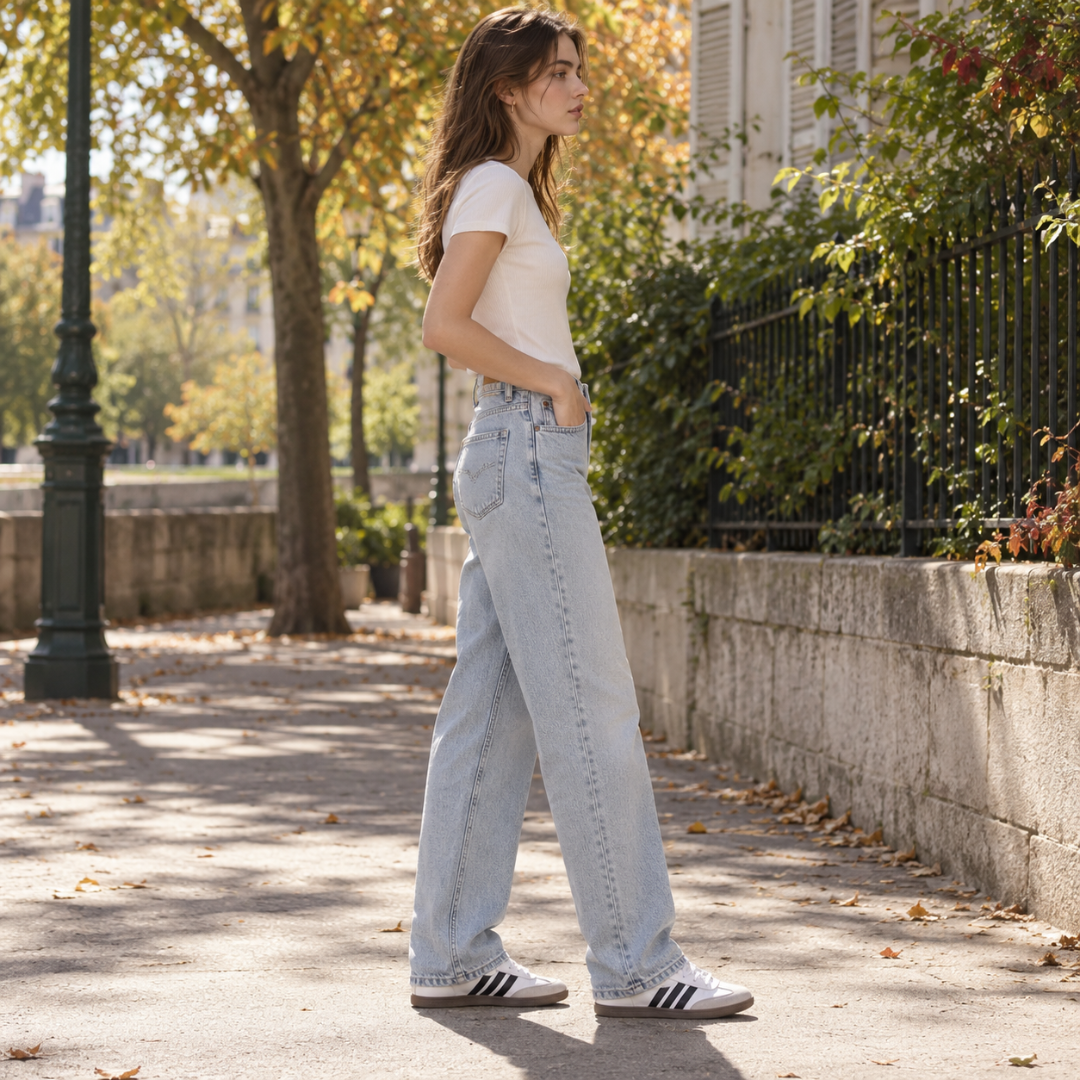 Vue de profil du pantalon femme bleu clair, jambe large et poche arrière plaquée
