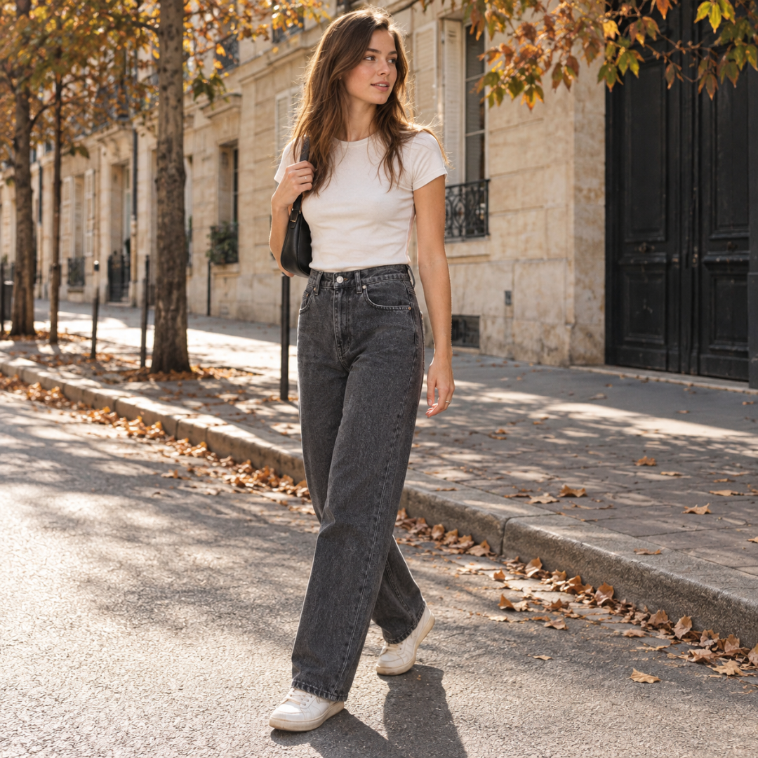 Pantalon femme noir délavé porté en pleine rue, taille haute et jambe large fluide