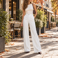 Pantalon large blanc taille haute, jambes amples et pli central marqué