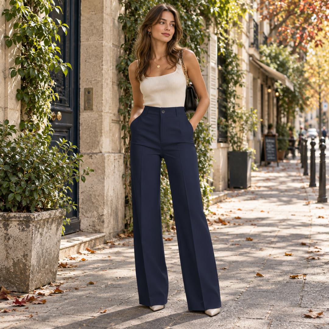 Pantalon large bleu marine à taille haute, jambes droites tombant sur les escarpins