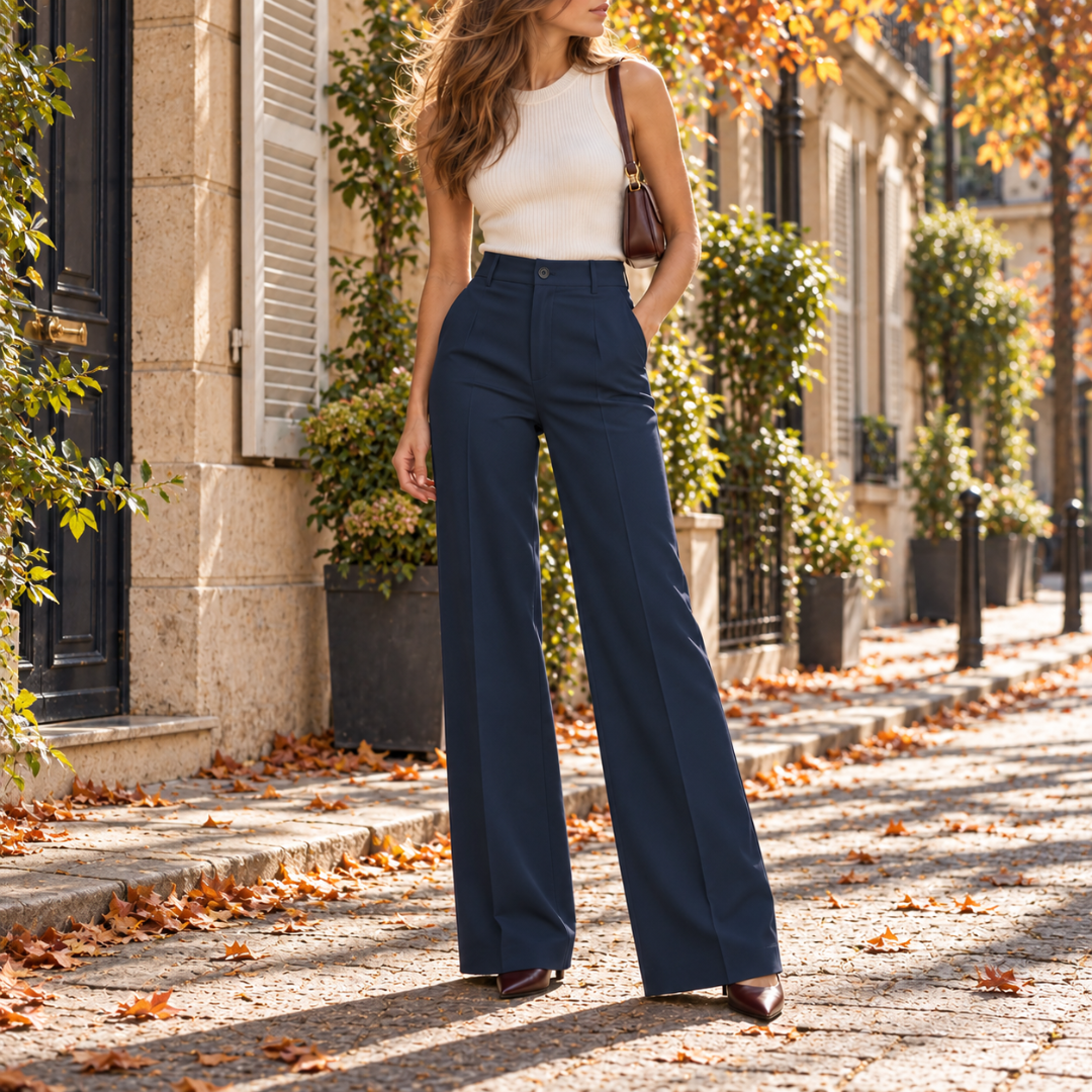 Pantalon large bleu marine, plis marqués et bottines bordeaux, rue parisienne