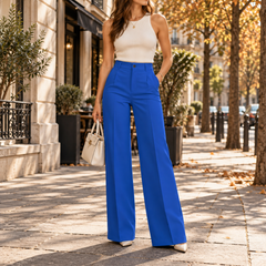 Pantalon large bleu roi, taille haute boutonnée, allure chic en ville