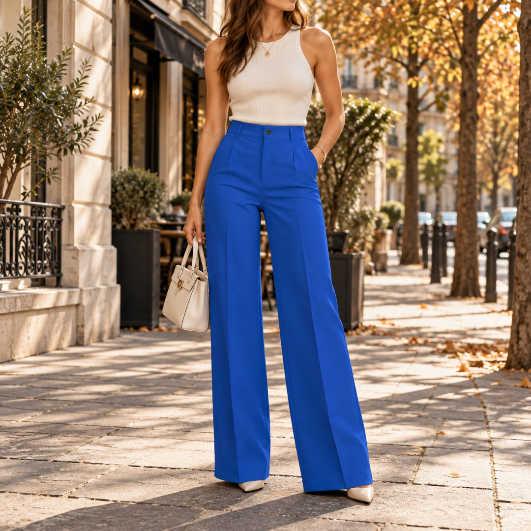 Pantalon large bleu roi, taille haute boutonnée, allure chic en ville